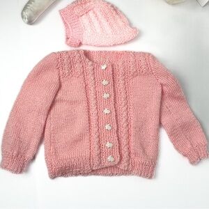 Handmade Pink Knitted Crochet Baby Cardigan and Hat Set Layette New Born‎